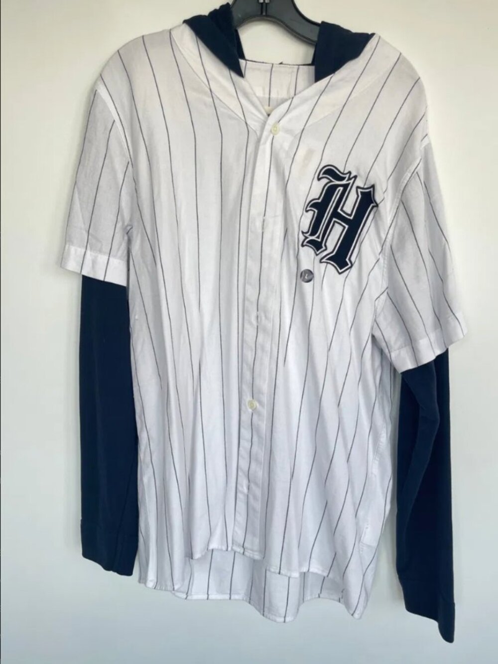 Hollister Hooded Baseball Shirt Navy White Pinstripe Layered Long Sleeve Mens L
